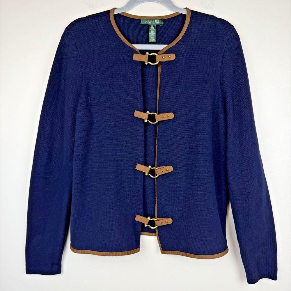 Lauren Ralph Lauren Equestrian Cardigan Jacket Women's XL Navy Horse Bit Closure